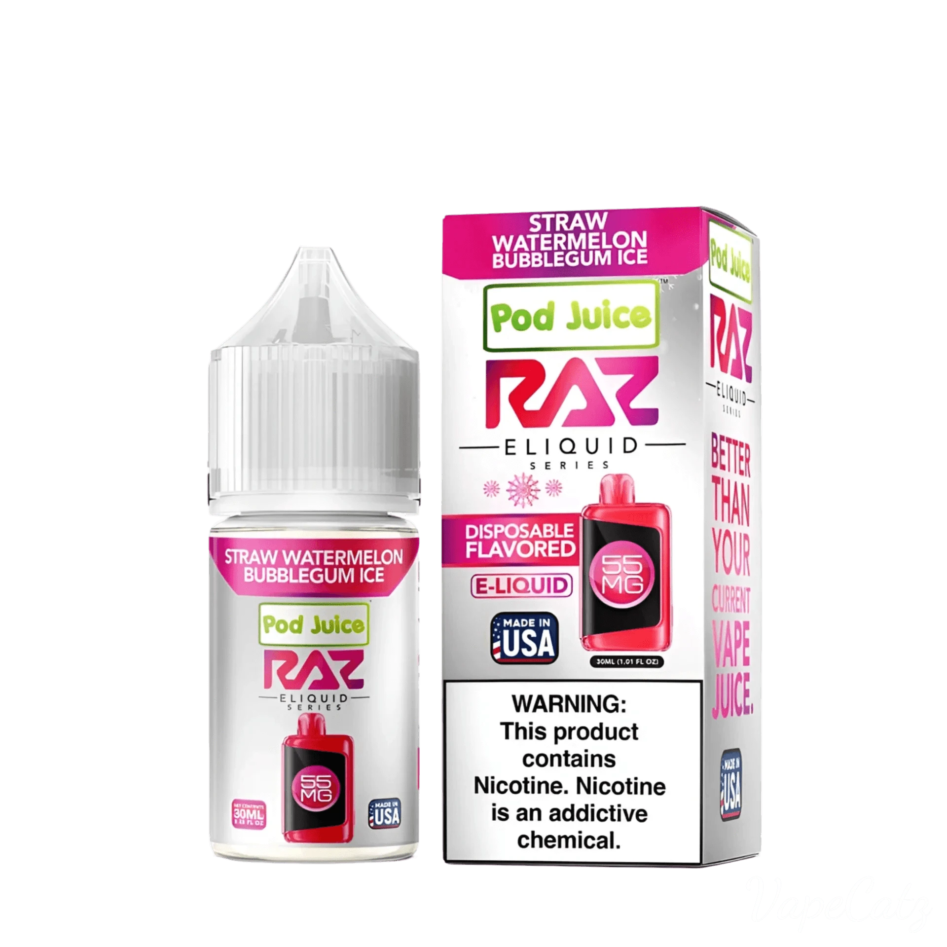 Raz Pod Juice High Content Salt E-Liquid High Content Salt E-Liquid Straw Water Bubblegum Ice 20mg 